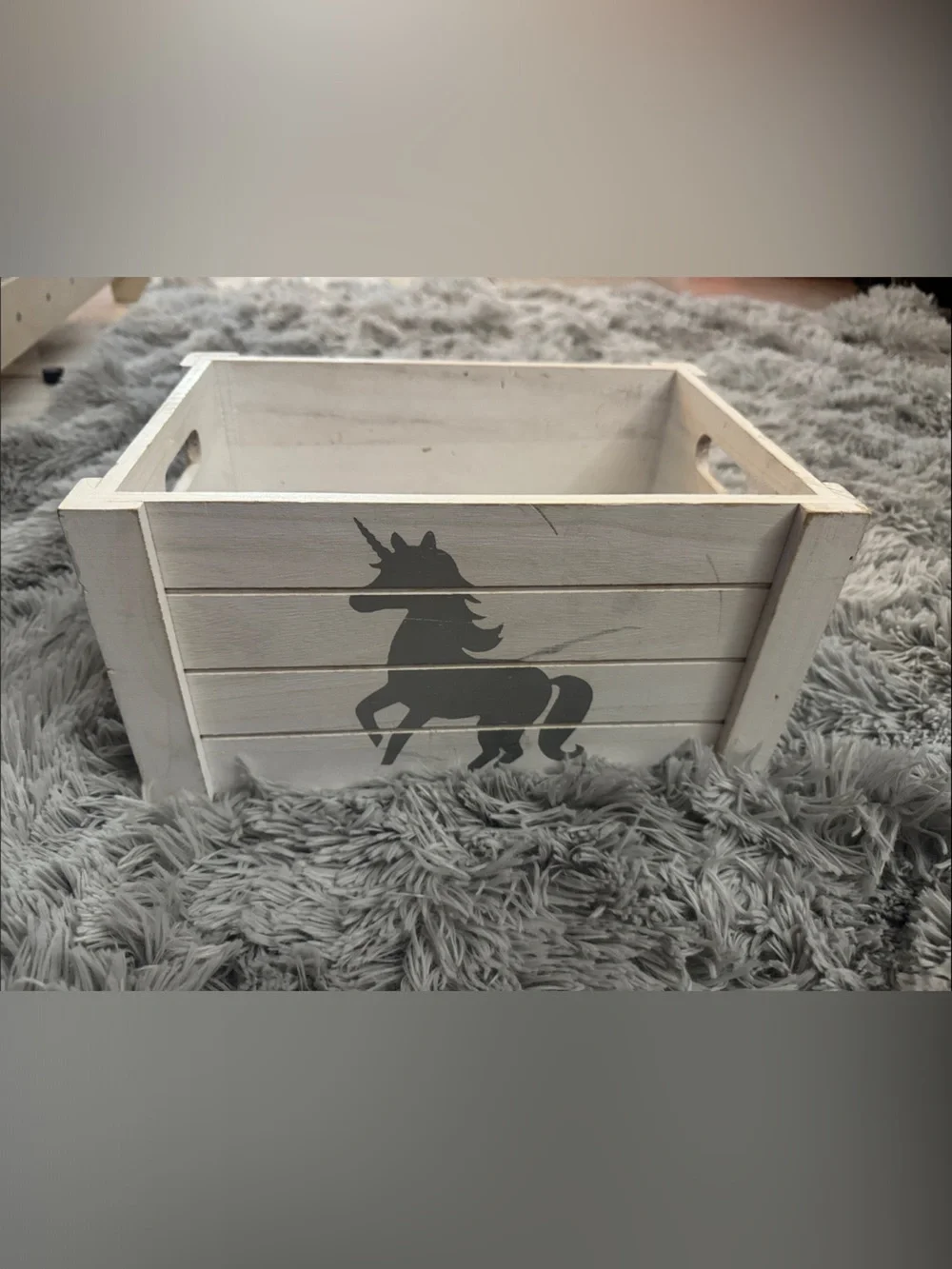 Wooden Small Pet Crate with Gray Unicorn Design - White